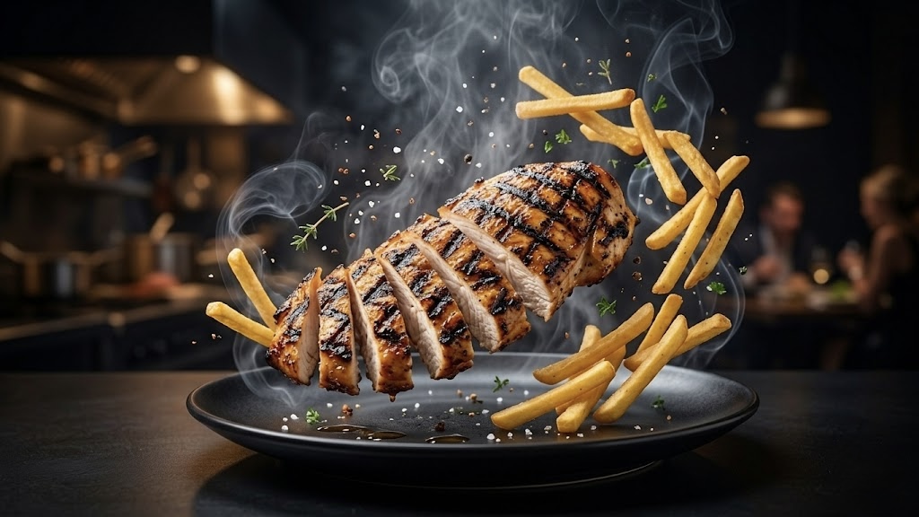 Grilled chicken baguette on the open flame