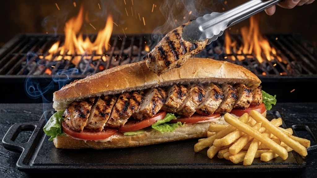 Grilled chicken baguette on the open flame